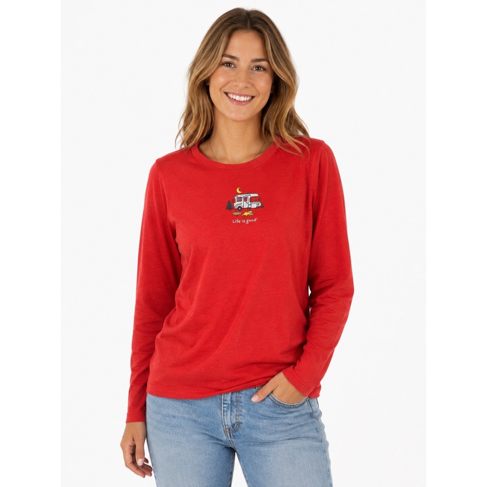 Life is Good Womens Crusher Tee Red Long Sleeve Camping RV Graphic T Shirt Small